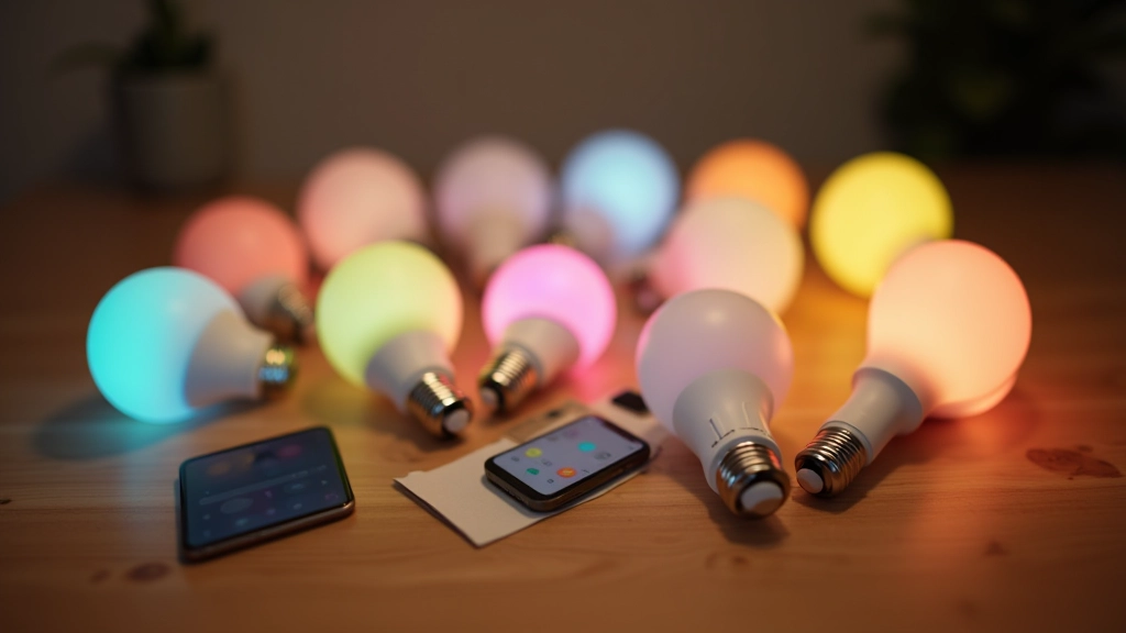 Collection of smart LED light bulbs displaying various colors and brightness levels on a wooden shelf with smartphone app control interface visible in the background