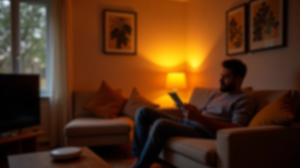Cozy living room with warm amber smart lighting in the evening, showing dimmed lights at comfortable warm color temperature perfect for relaxation and winding down before sleep