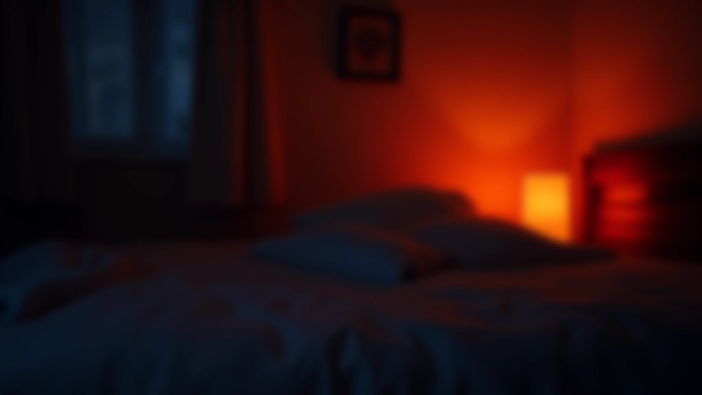 Dark bedroom with minimal smart lighting at lowest brightness level, showing warm red-shifted light ideal for preserving melatonin production before sleep