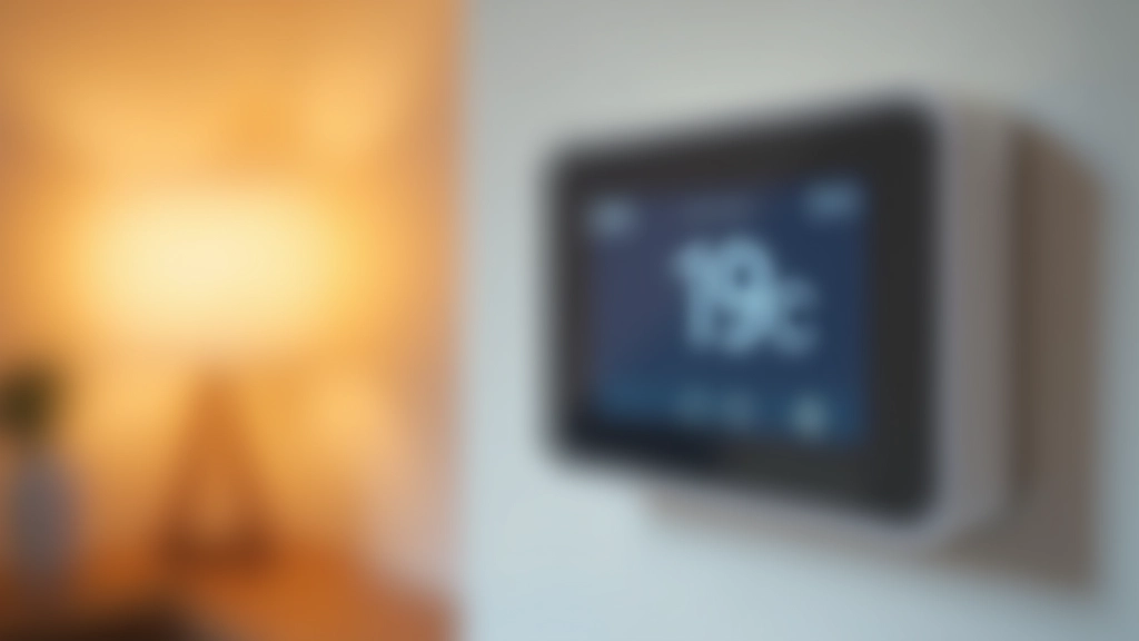 Digital programmable thermostat mounted on a wall with temperature display and control buttons visible