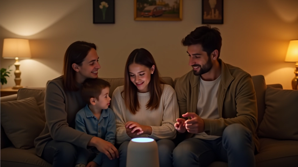 Family in a modern living room, with a parent using voice commands to control smart home devices while another family member watches, cozy evening lighting with warm tones