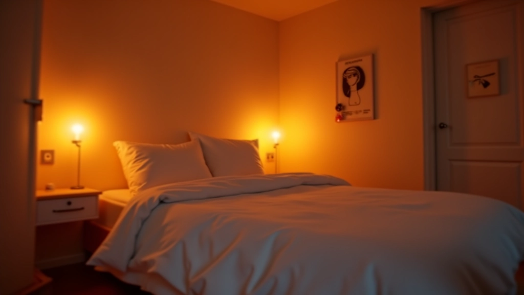 Modern bedroom with warm amber smart lighting creating a relaxing bedtime atmosphere, showing adjustable color temperature bulbs in ceiling fixtures and bedside lamp