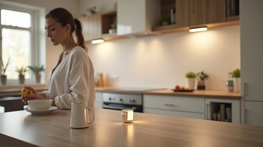 Bright white smart lighting in a modern kitchen during morning hours, showing high brightness and cool color temperature ideal for morning alertness and productivity
