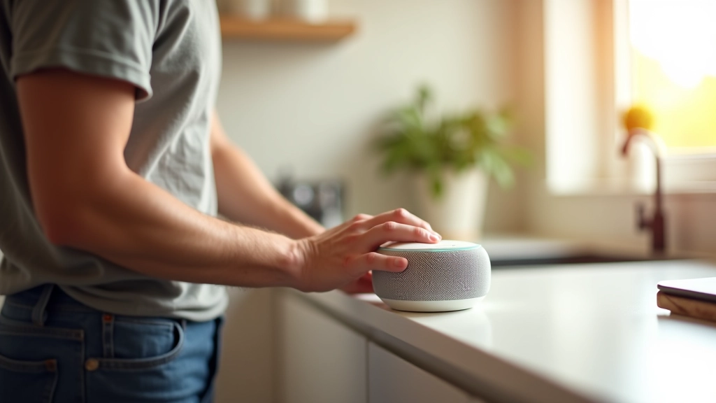 Person setting up a smart speaker on their kitchen counter, holding the device with both hands, modern bright kitchen environment, daytime natural lighting