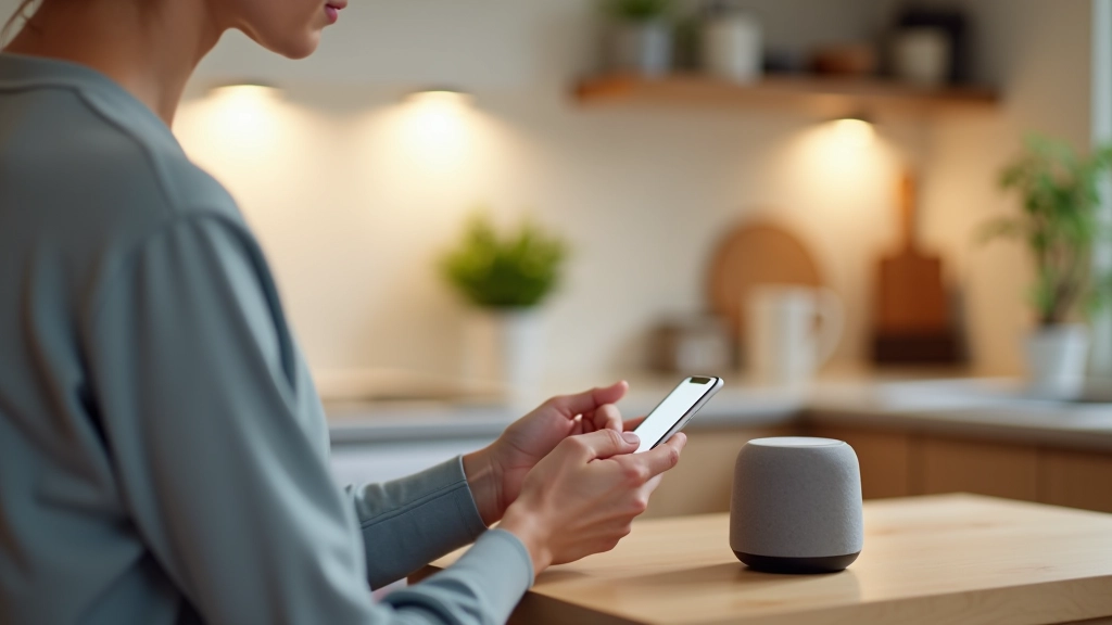 Person interacting with voice-controlled smart assistant while cooking in their kitchen