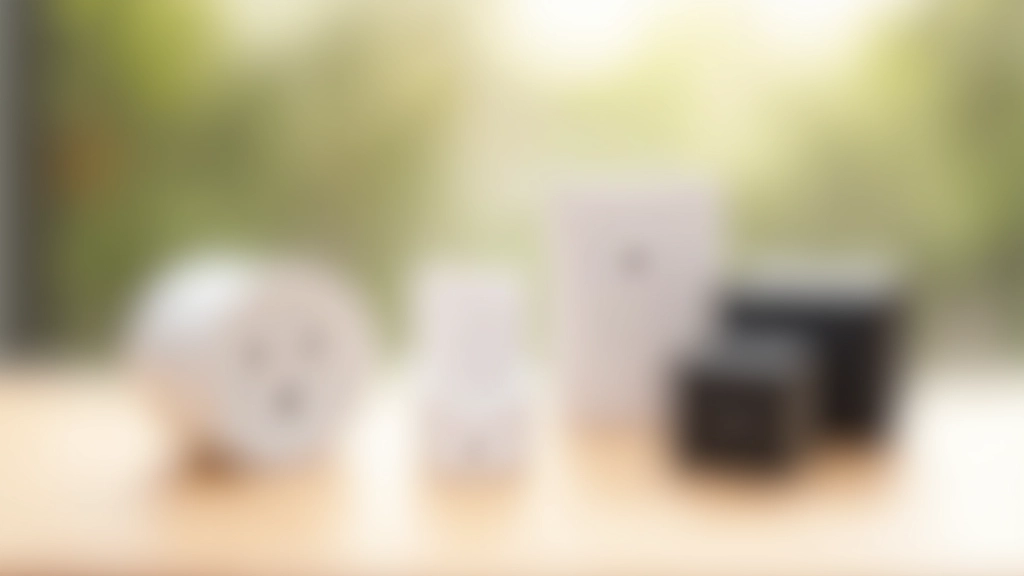 Collection of various smart plug adapters in white and black, displayed on wooden surface with different device types