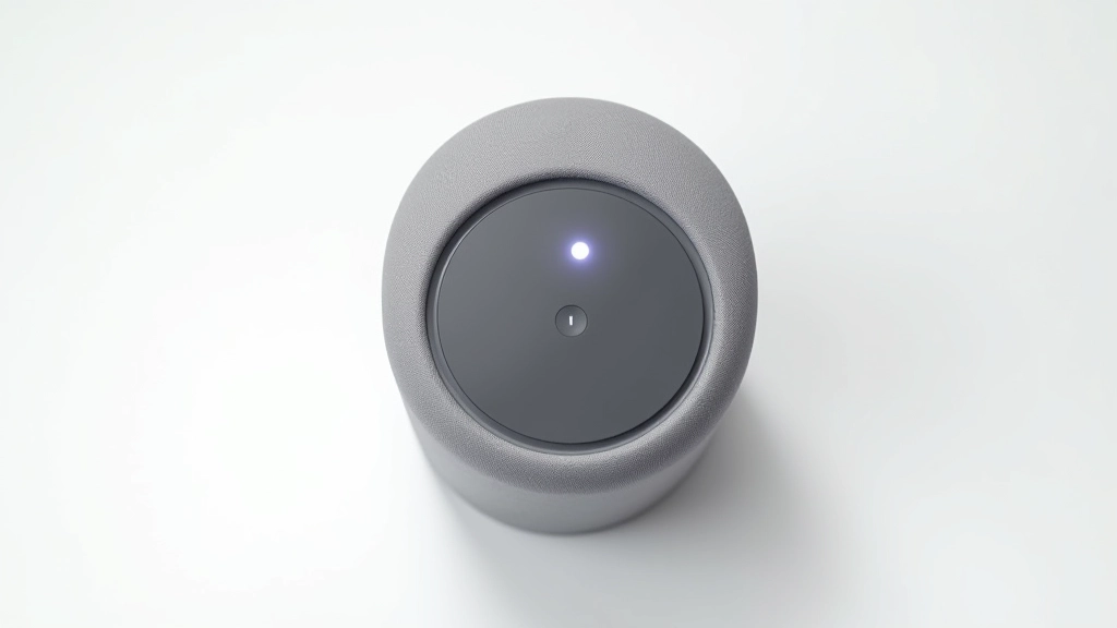 Close-up of a voice assistant speaker showing the microphone array and status light, product photography with clean white background