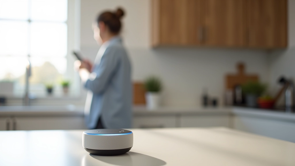 Smart speaker device positioned on a modern shelf with home automation capabilities visible