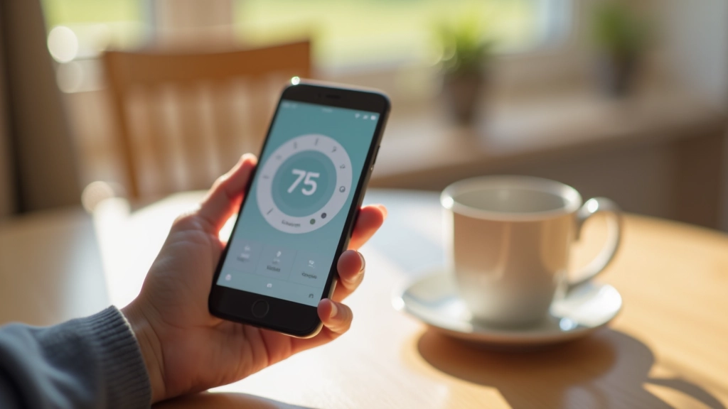 Smartphone displaying smart thermostat app with temperature control and scheduling interface