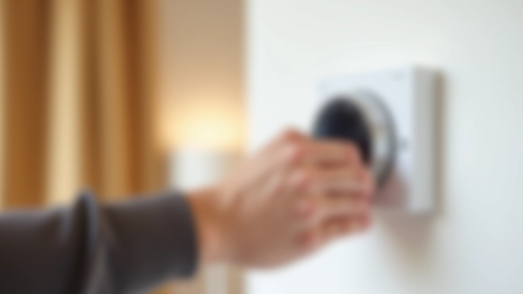 Close-up of programmable thermostat on living room wall with hand adjusting settings